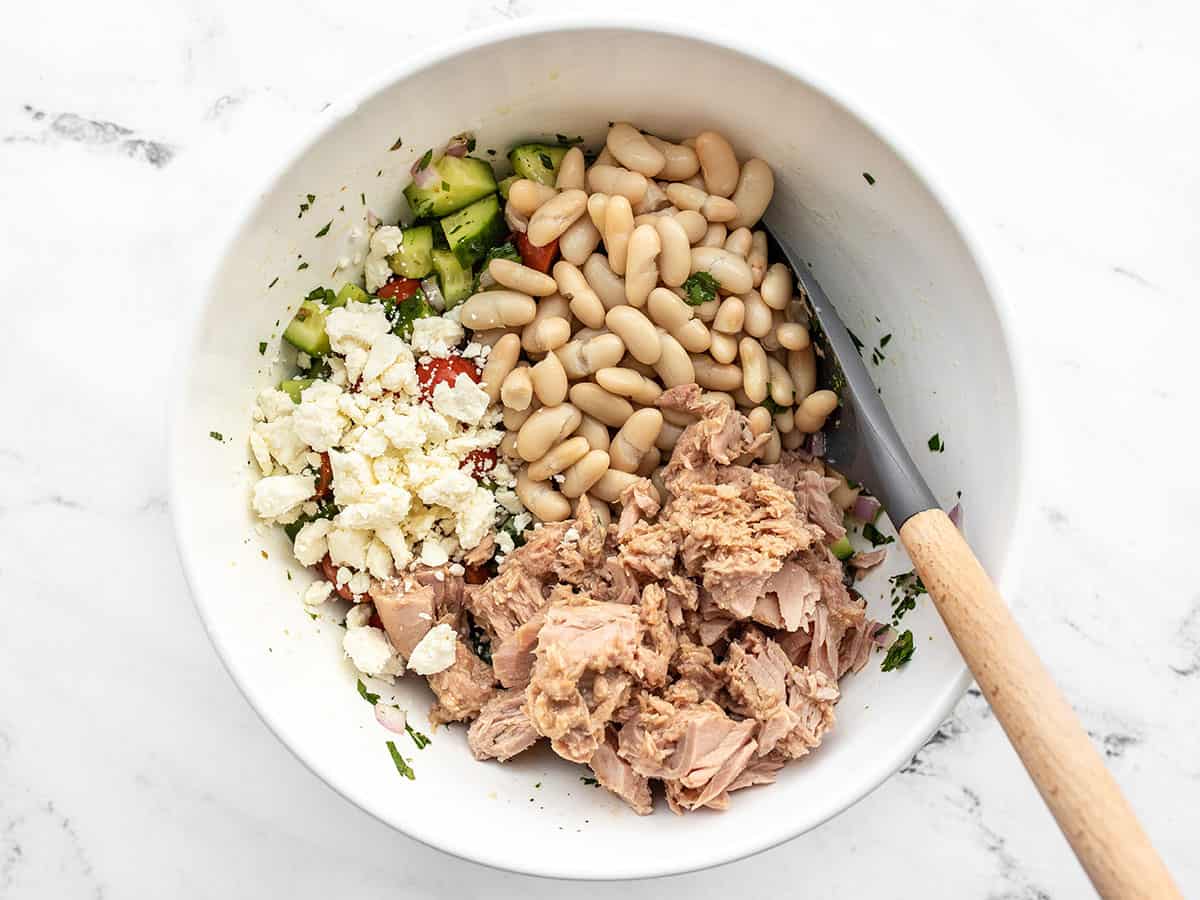 beans, tuna, and feta added to the salad