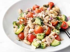 Close up side view of Mediterranean Tuna Salad in a bowl