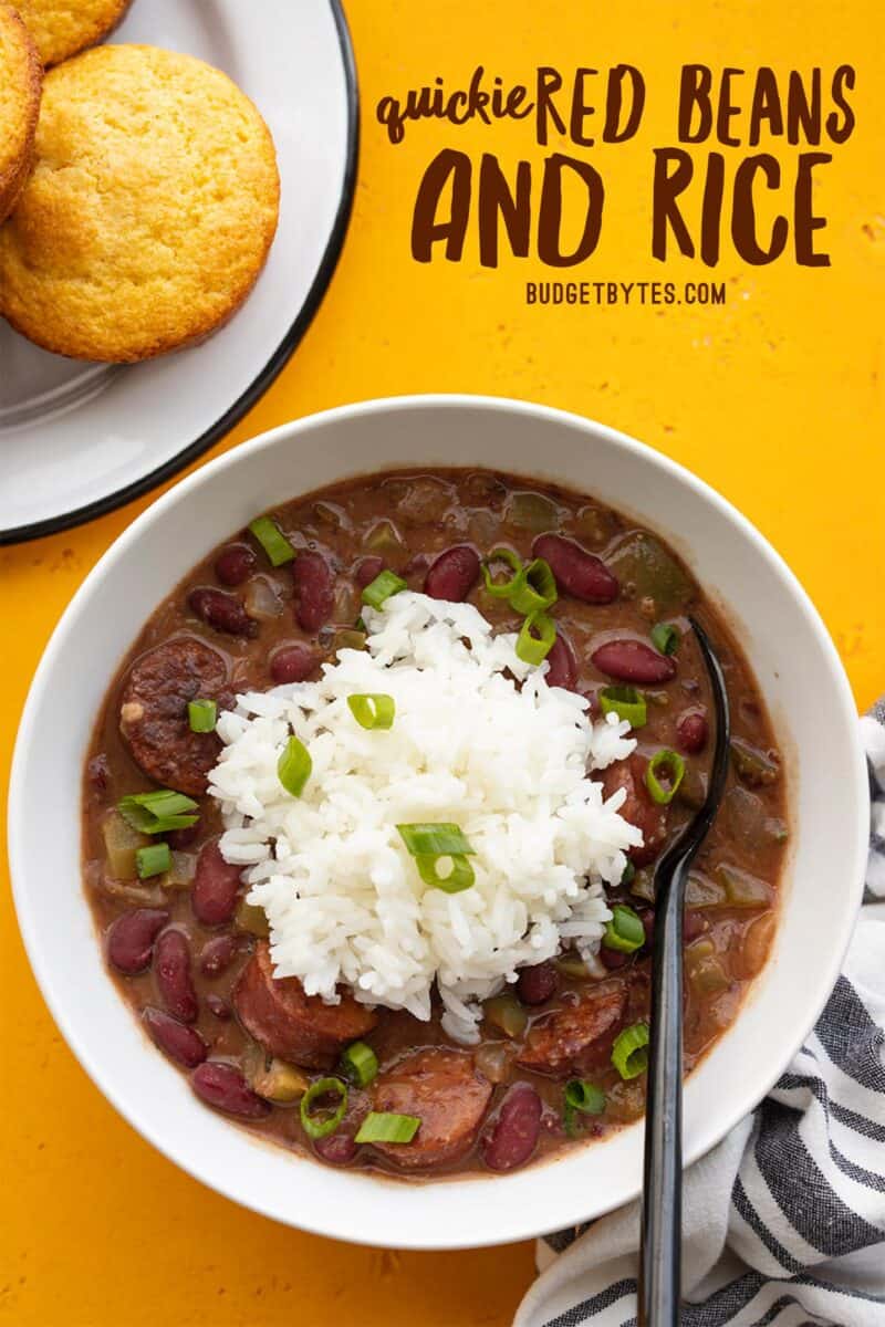 Overhead view of a bowl of red beans and rice, title text at the top