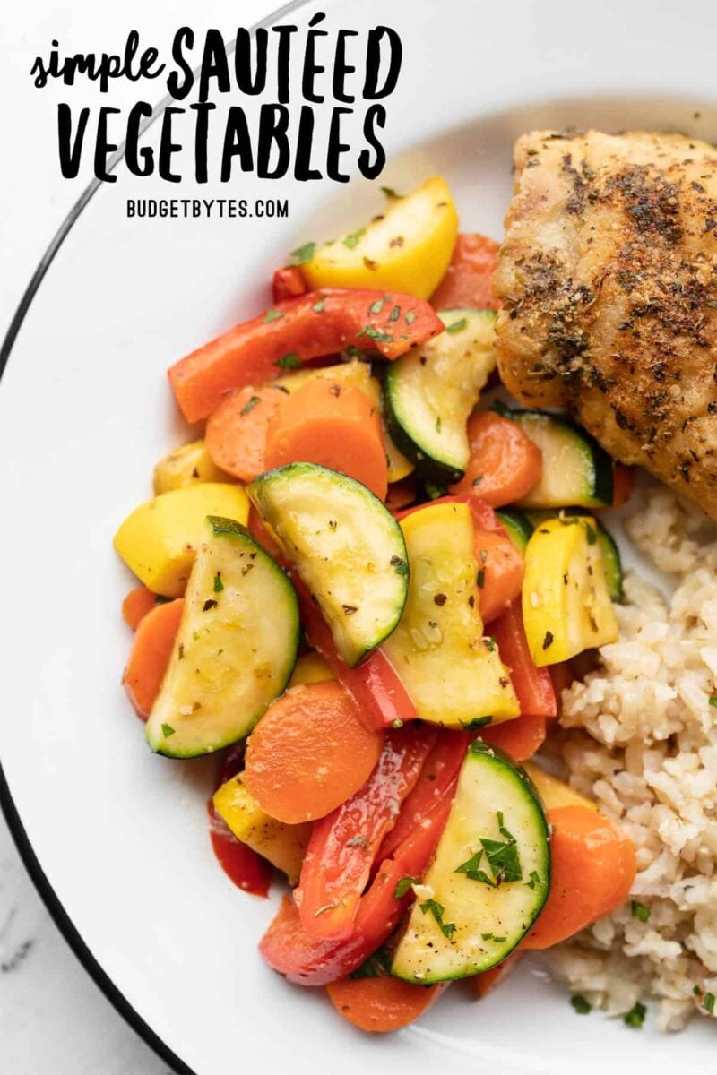 Sautéed Vegetables on a plate with chicken and rice