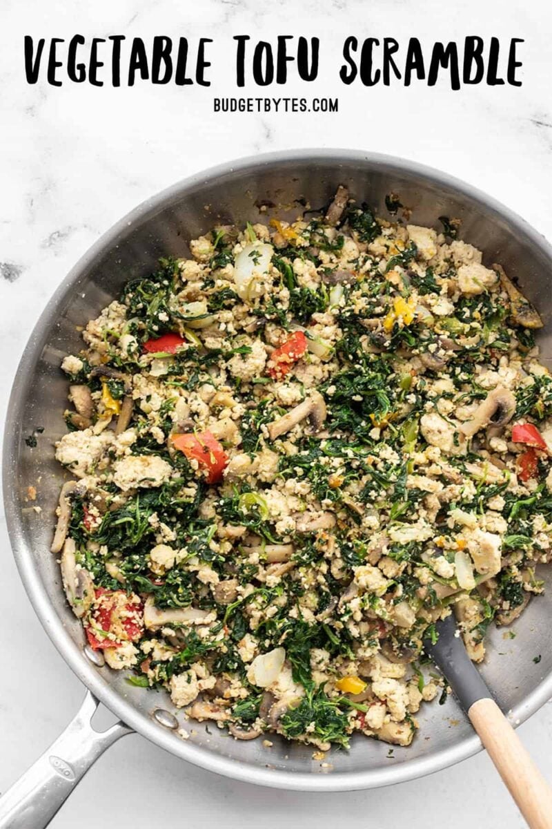 Vegetable Tofu Scramble in the skillet, title text at the top