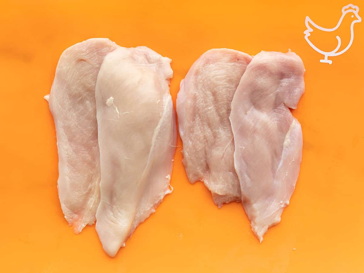 Two chicken breasts cut into thinner fillets