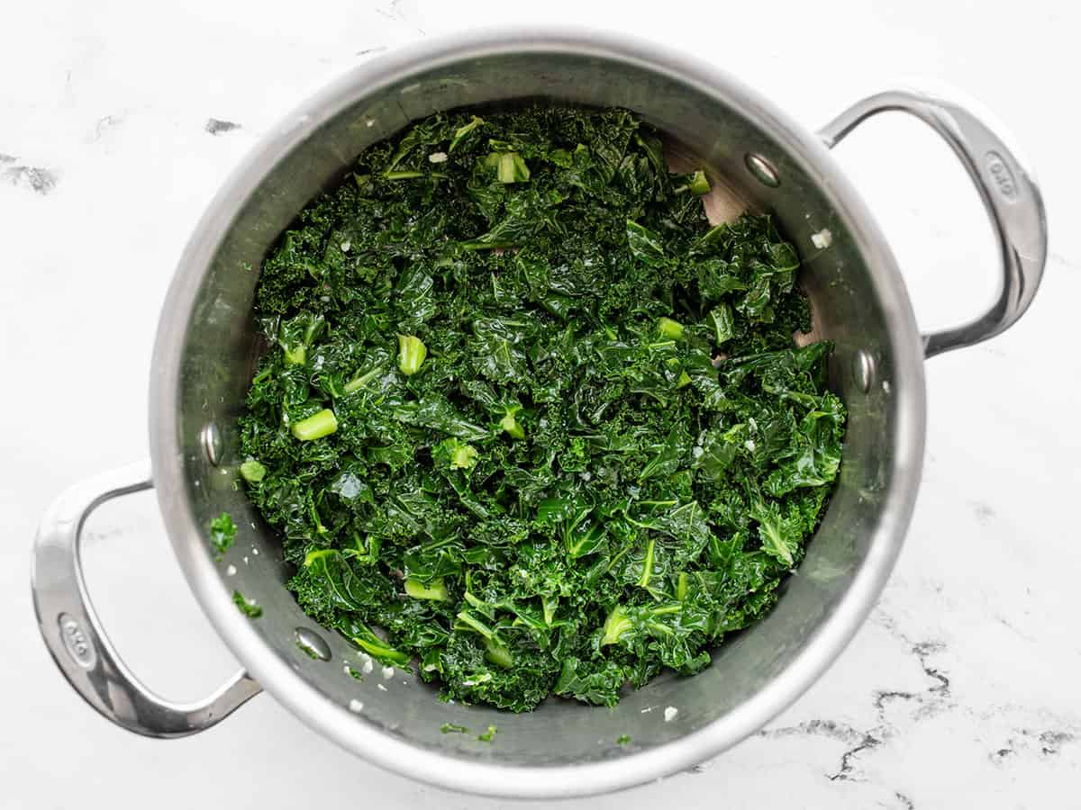 Sautéed kale in the pot