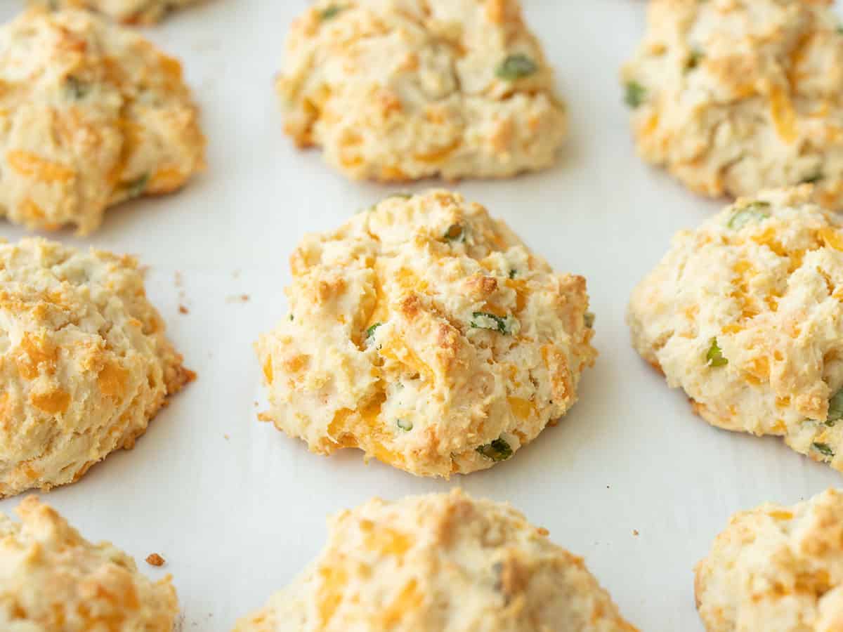 Side view of baked cheddar biscuits on the baking sheet