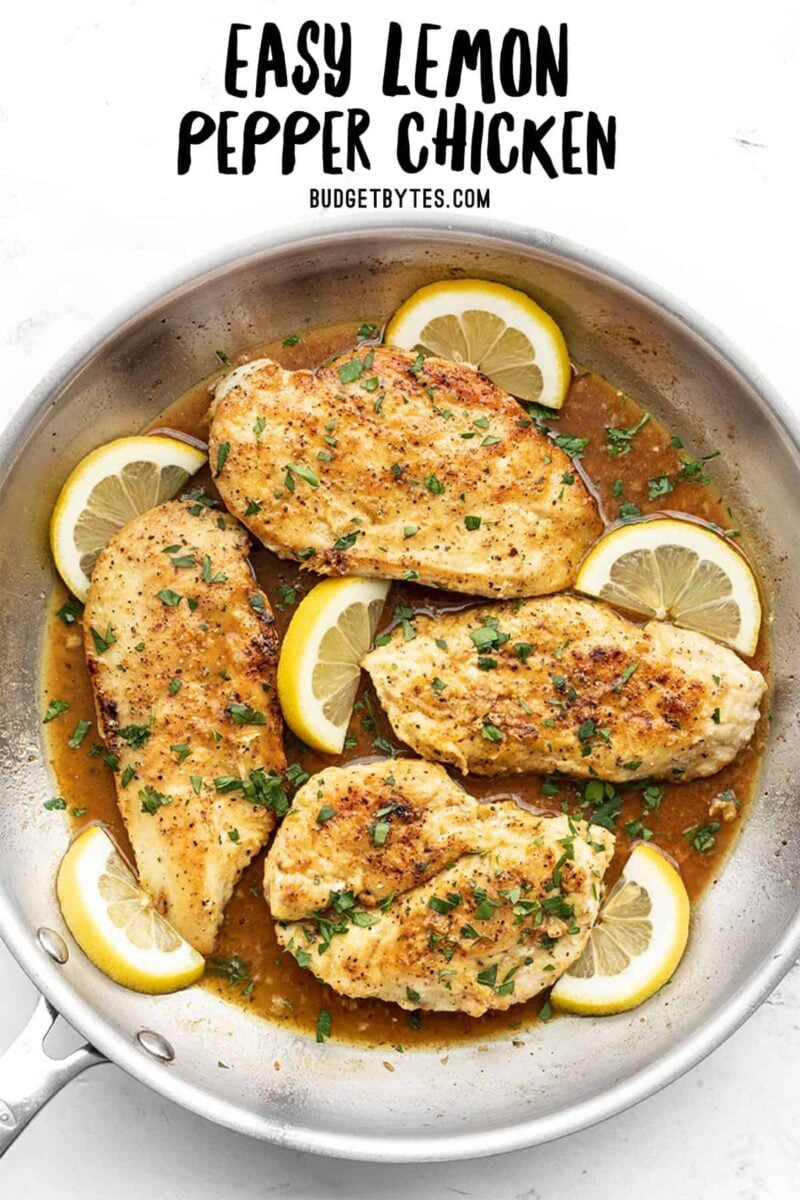Lemon pepper chicken in a skillet garnished with lemon slices, title text at the top