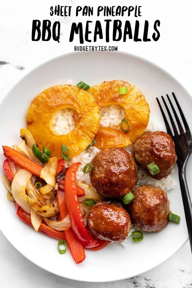 A bowl with sheet pan bbq meatballs, peppers, onions, and pineapple. Title text at the top