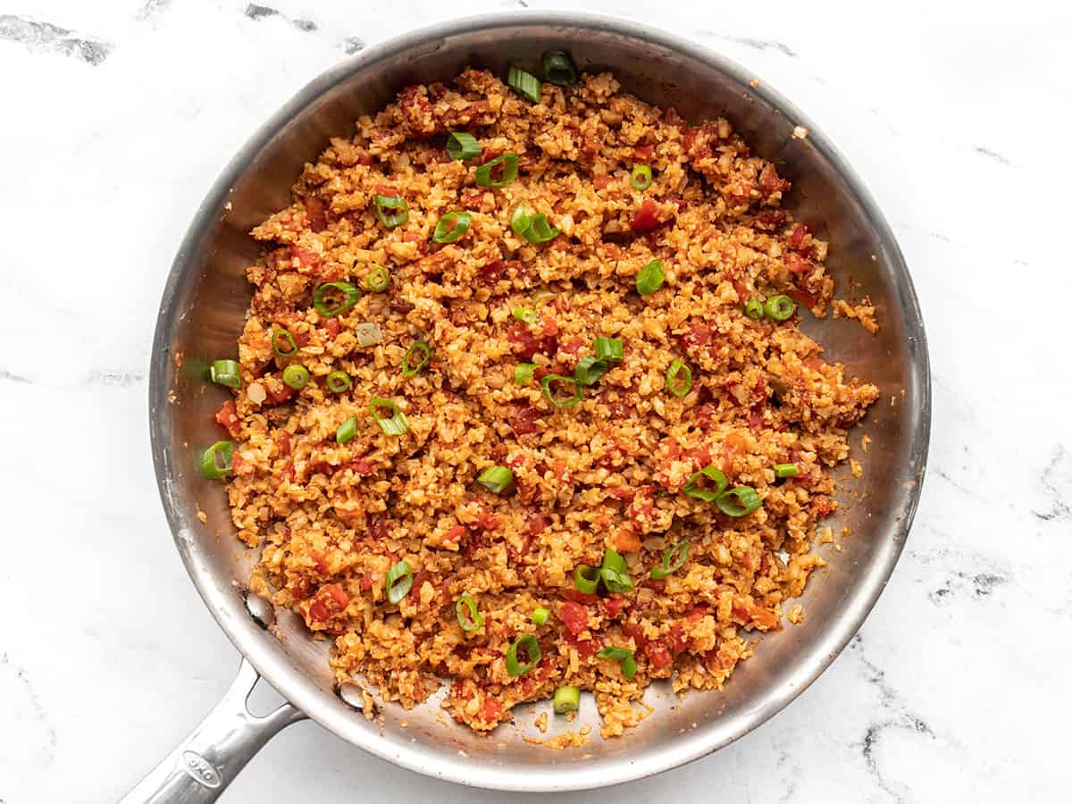 Finished southwest cauliflower rice in the skillet