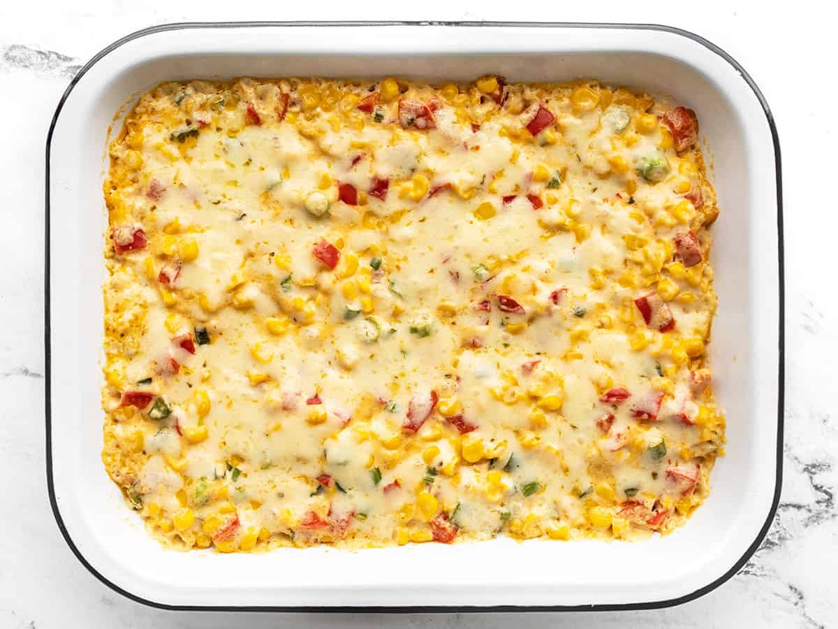 Baked hot corn dip in the baking dish 