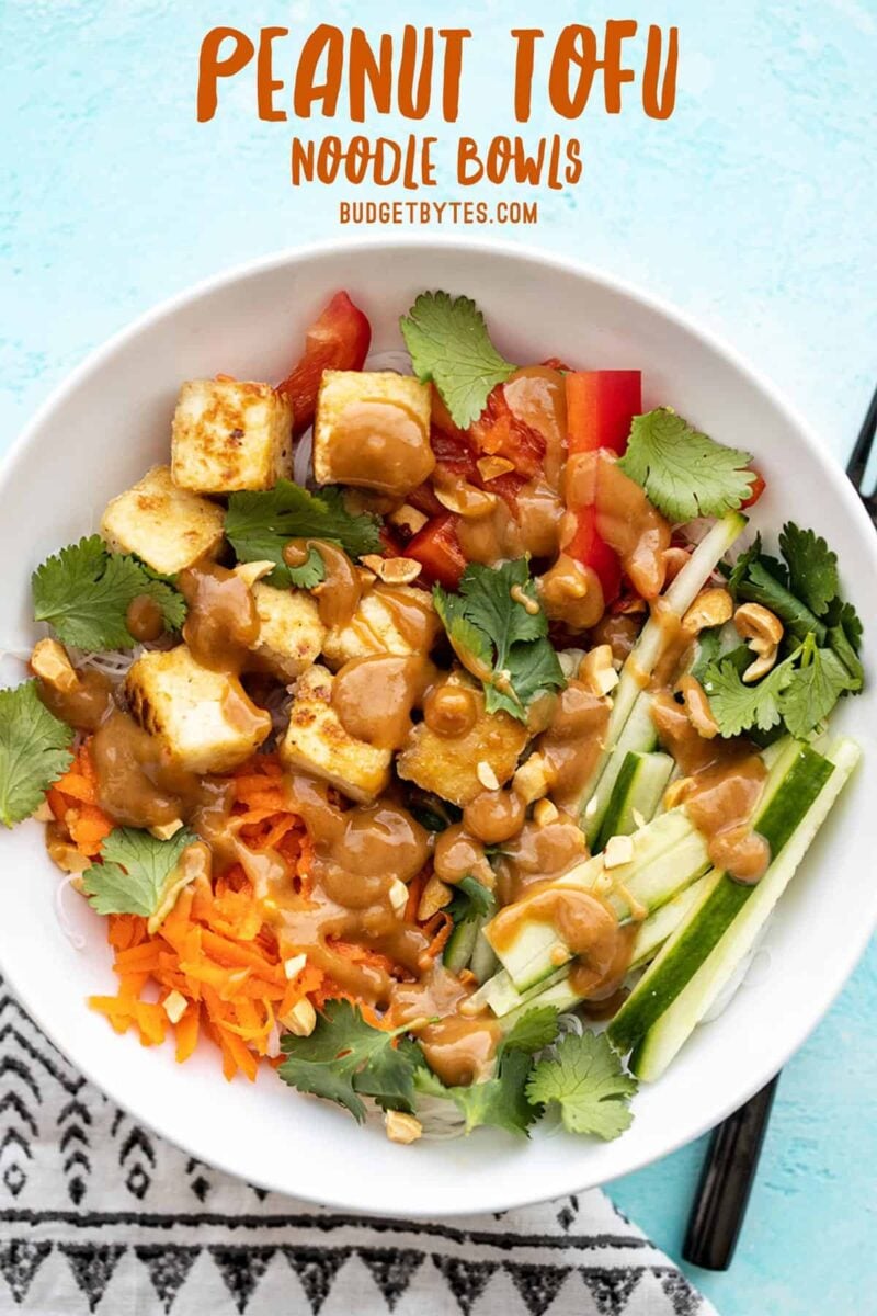 Overhead view of a peanut tofu noodle bowl with title text at the top