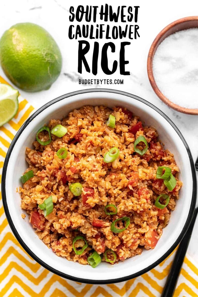 Overhead view of southwest cauliflower rice in a bowl, title text at the top