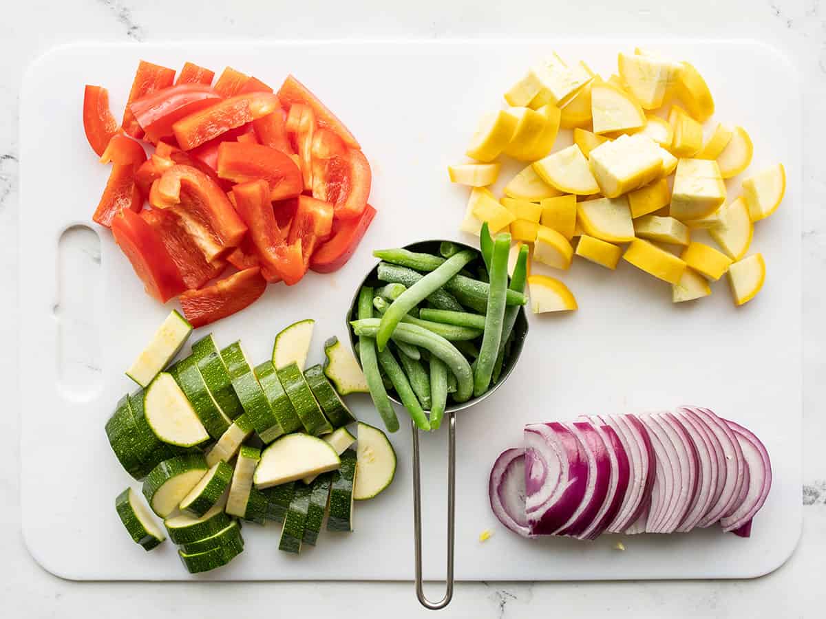 Chopped vegetables on a cutting board