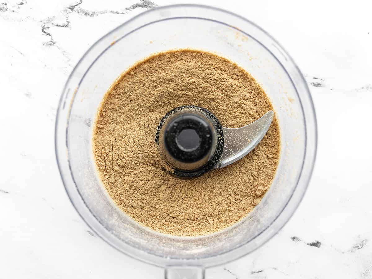 Graham cracker crumbs in a food processor