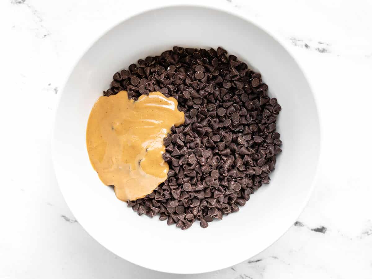 Chocolate chips and peanut butter in a bowl