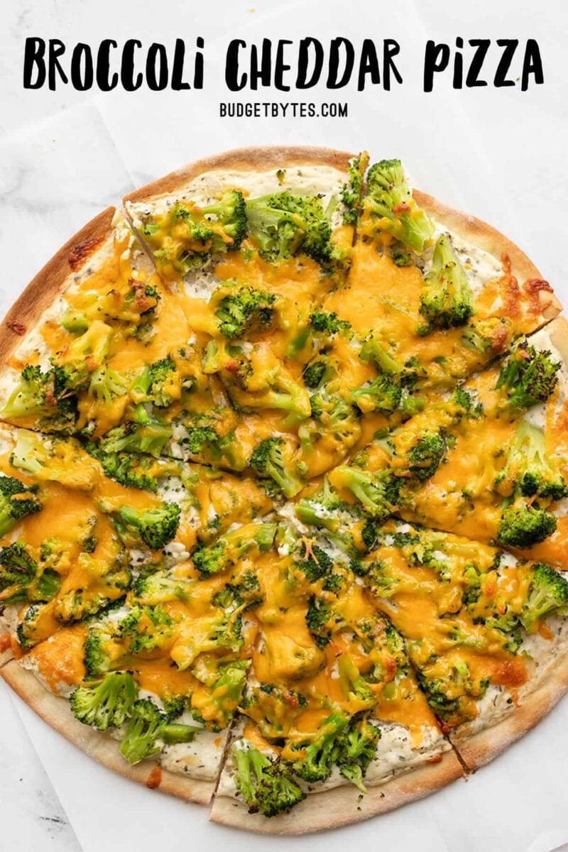 Overhead view of broccoli cheddar pizza with title text at the top