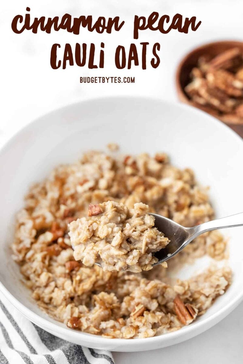 side view of a spoonful of cauli oats being lifted from the bowl, title text at the top