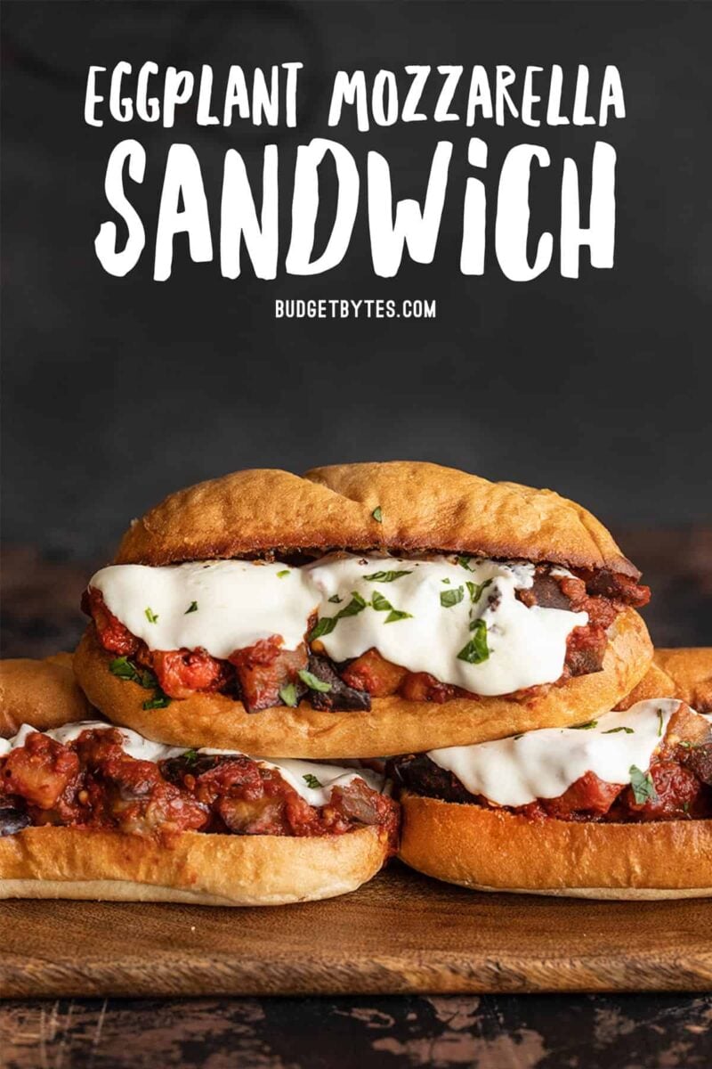 three stacked eggplant mozzarella sandwiches, title text at the top