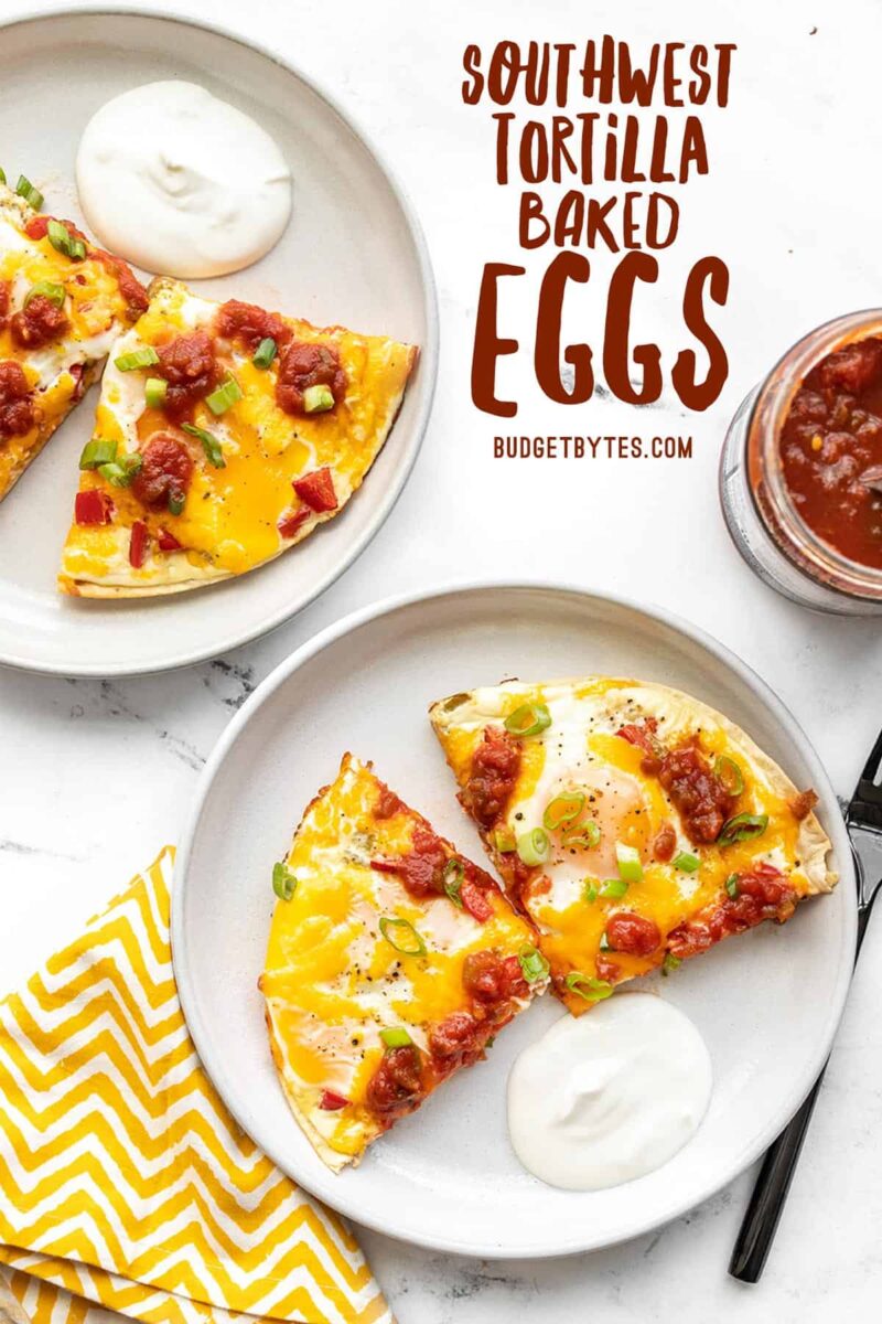 Two servings of tortilla baked eggs with sour cream, title text at the top