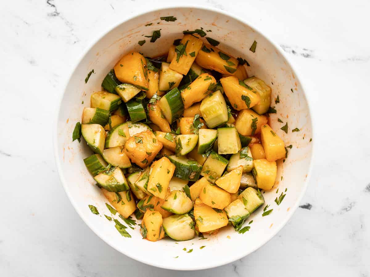 Finished spicy pineapple cucumber salad in a bowl