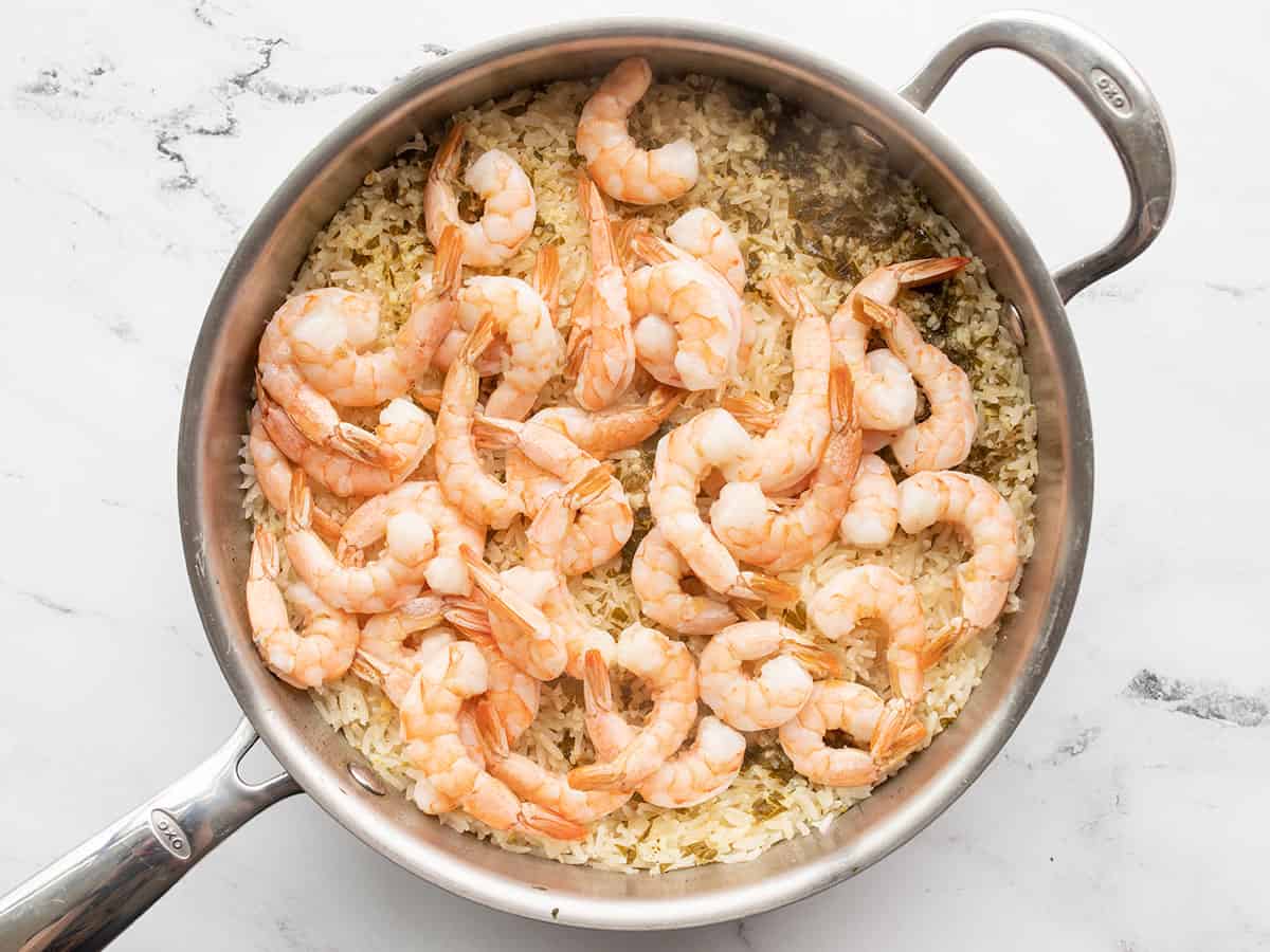 Cooked shrimp on the rice