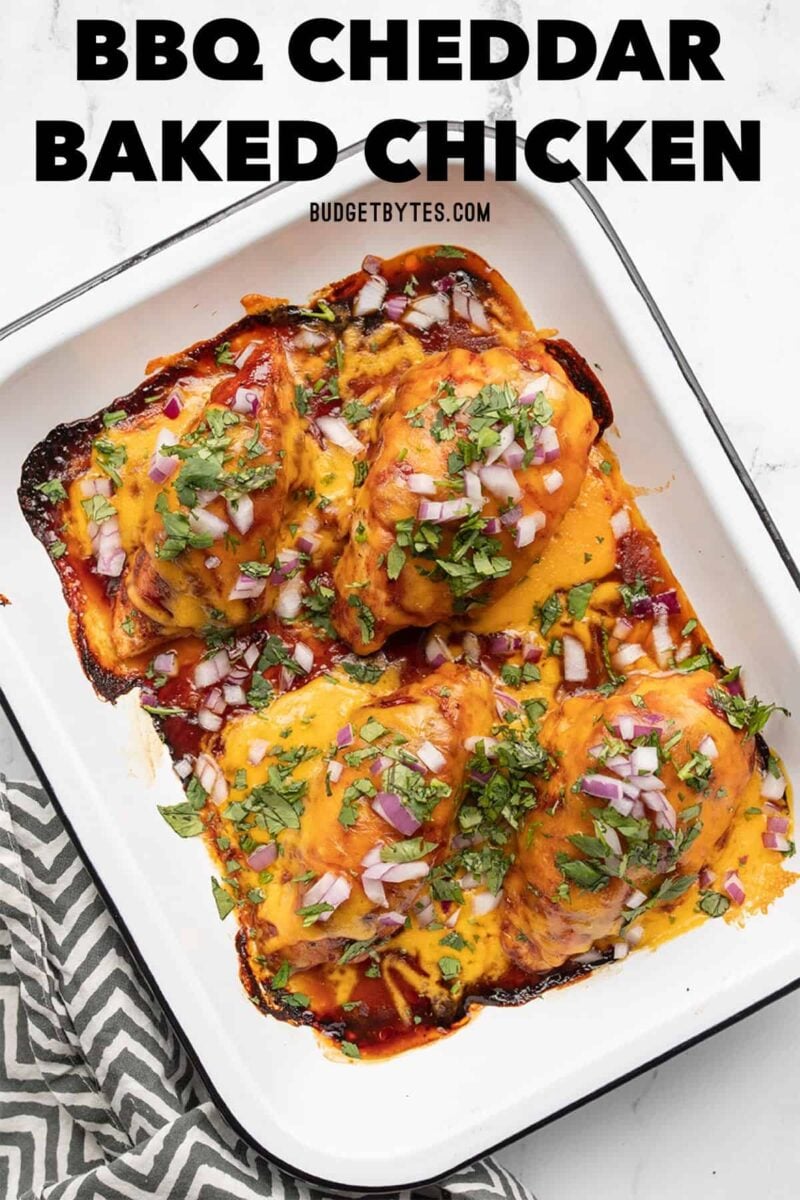 BBQ Cheddar Baked Chicken in a baking dish, title text at the top