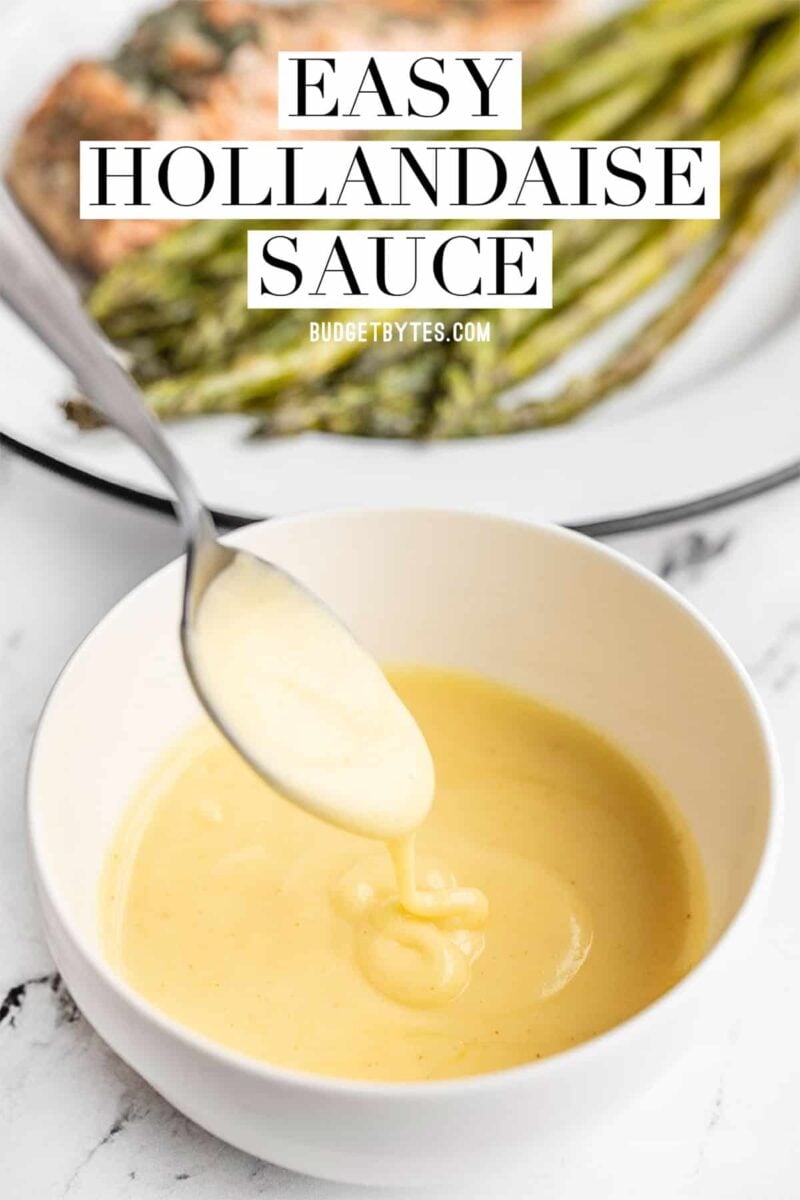 hollandaise sauce dripping off a spoon into a bowl, title text at the top