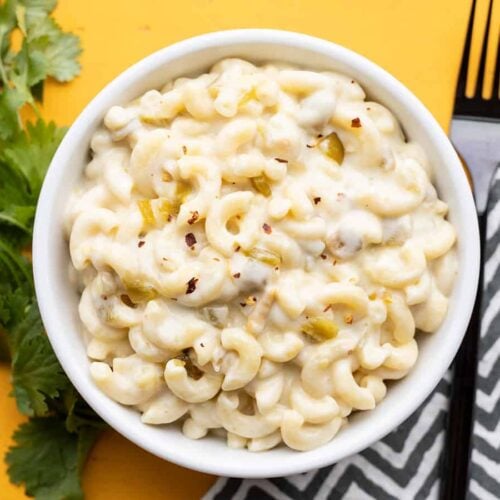 Overhead view of a bowl full of green chile mac and cheese