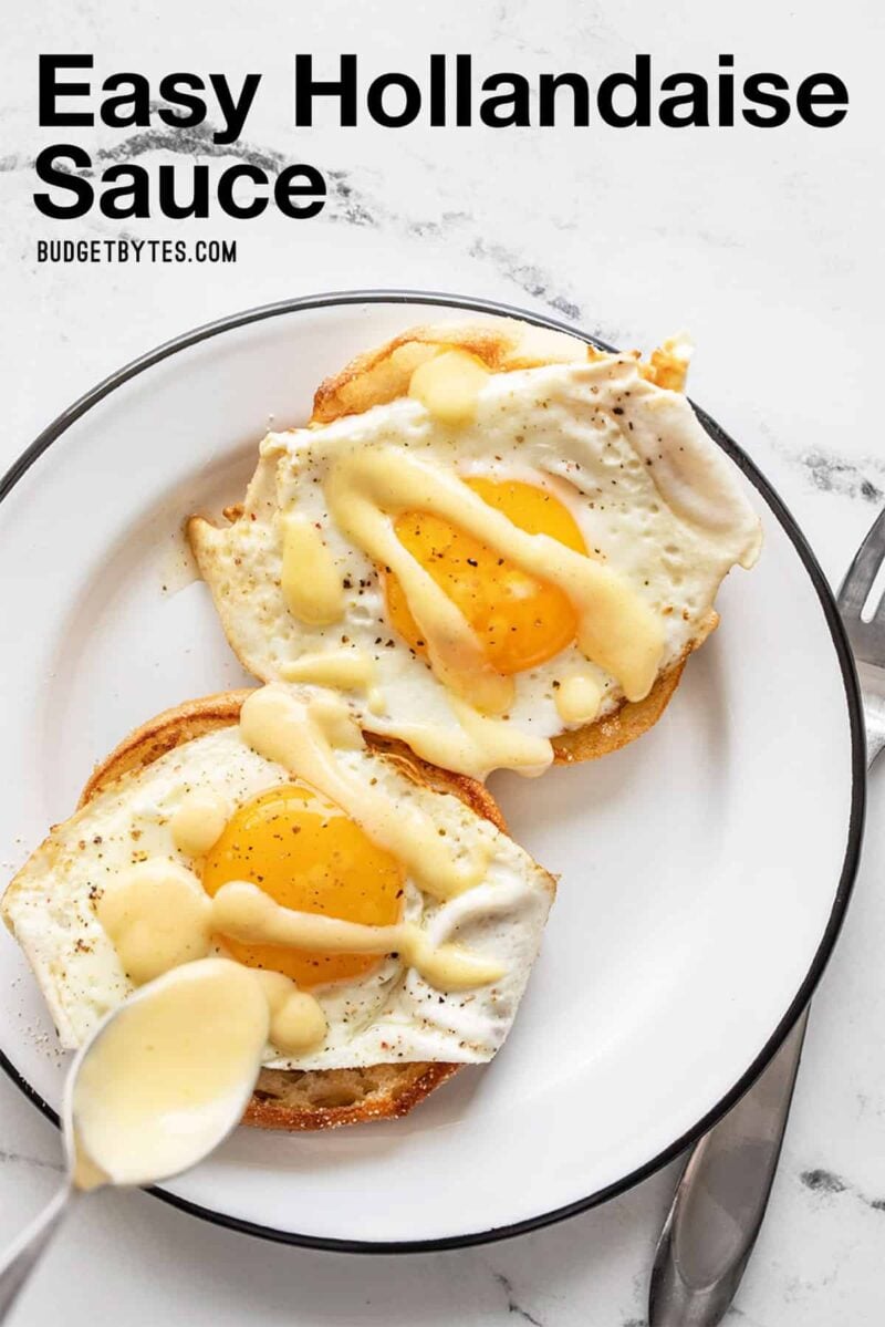 Hollandaise sauce being drizzled over two eggs, title text at the top