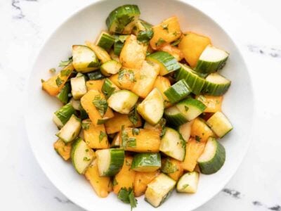 Overhead view of Spicy Pineapple Cucumber Salad in a bowl