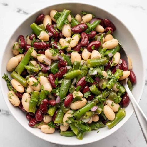 Overhead view of a bowl of three bean salad