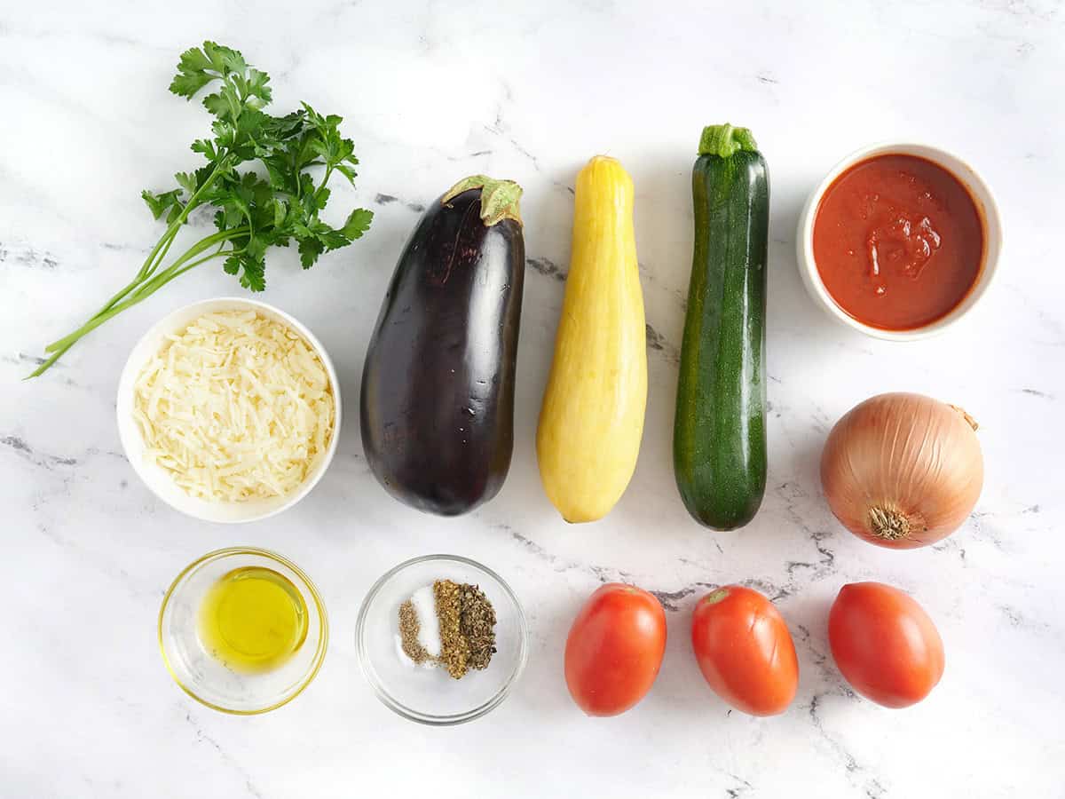 The ingredients to make oven-roasted ratatouille.