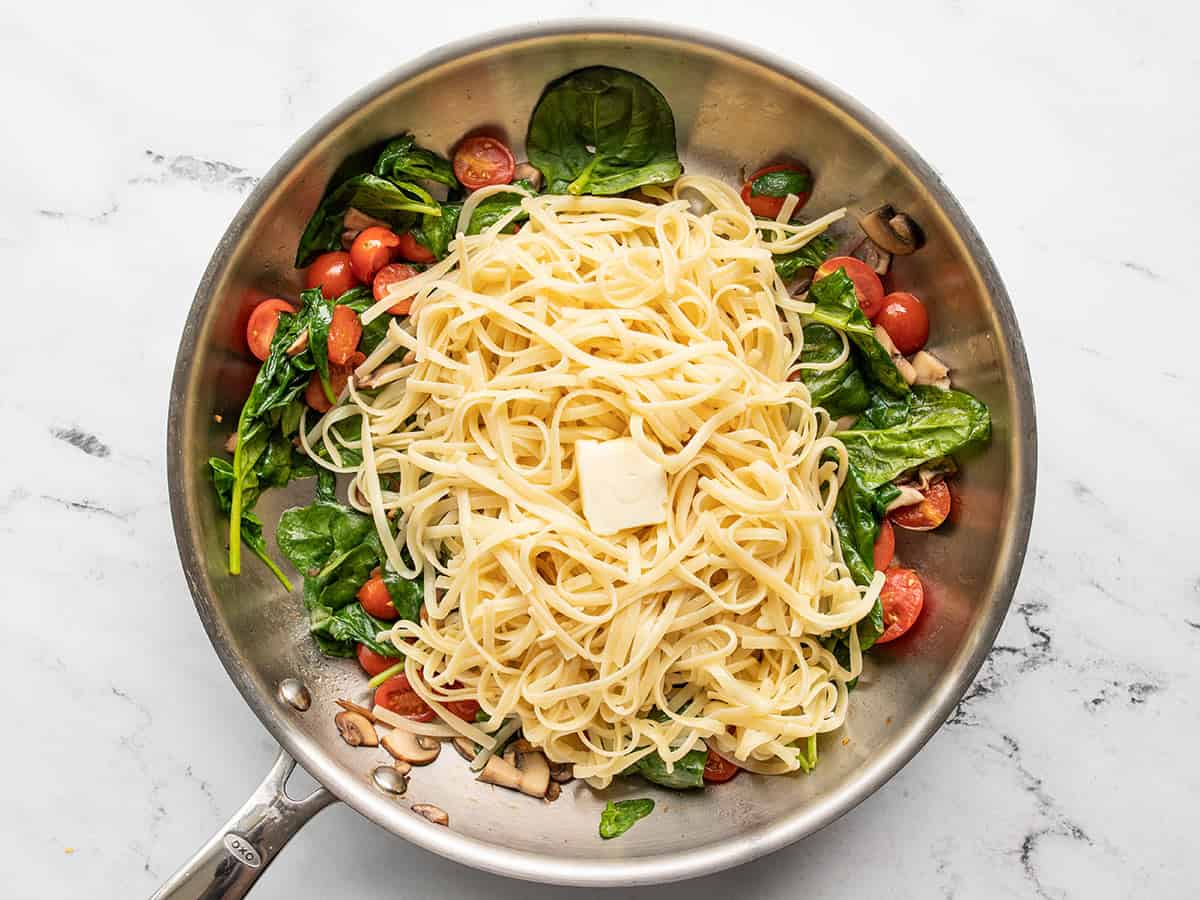 pasta and butter added to the skillet