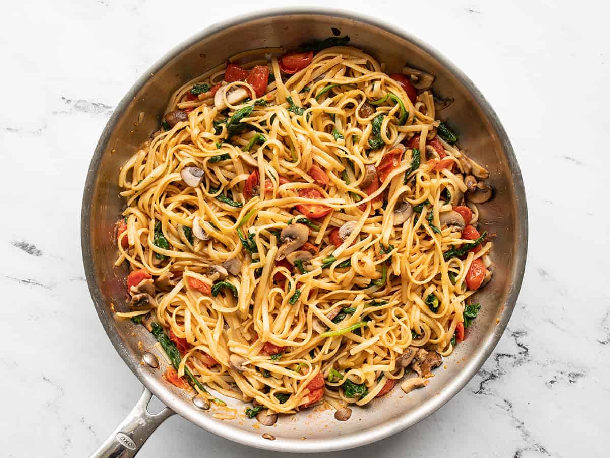 finished quick veggie pasta in the skillet