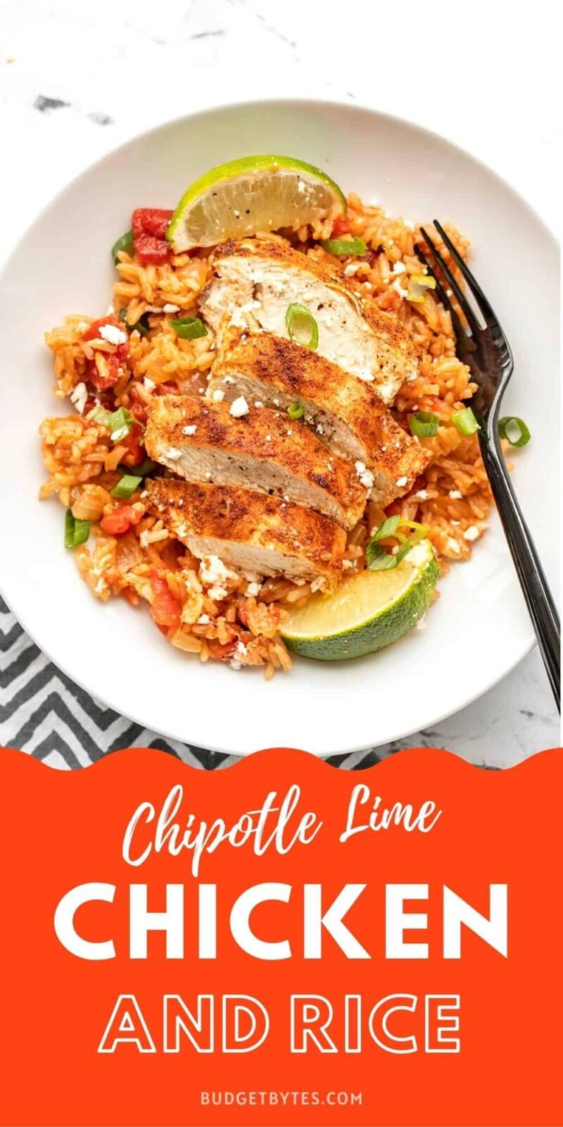 chipotle lime chicken and rice in a bowl, title text at the bottom