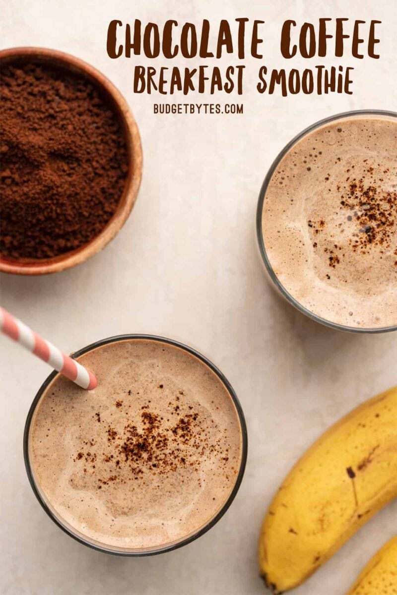 Two glasses of chocolate coffee breakfast smoothie from above, title text at the top