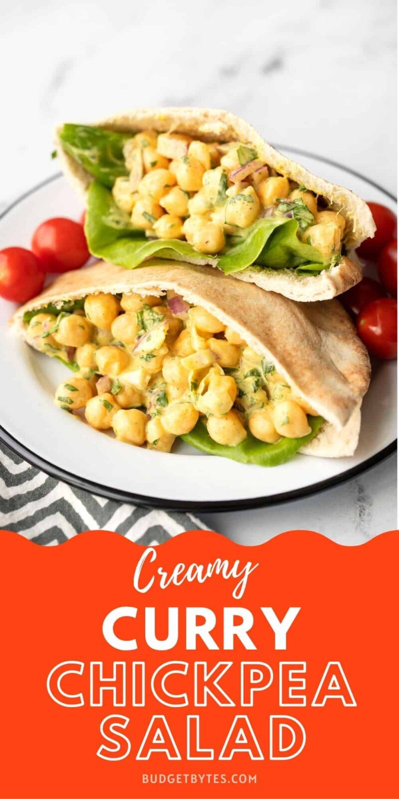 Curry Chickpea Salad in pitas, title text at the bottom in red