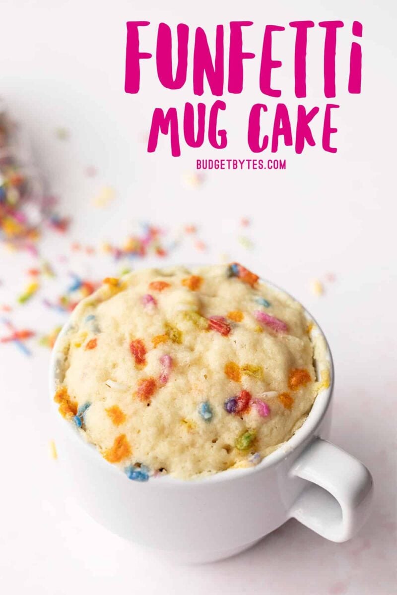 funfetti mug cake with no frosting, title text at the top