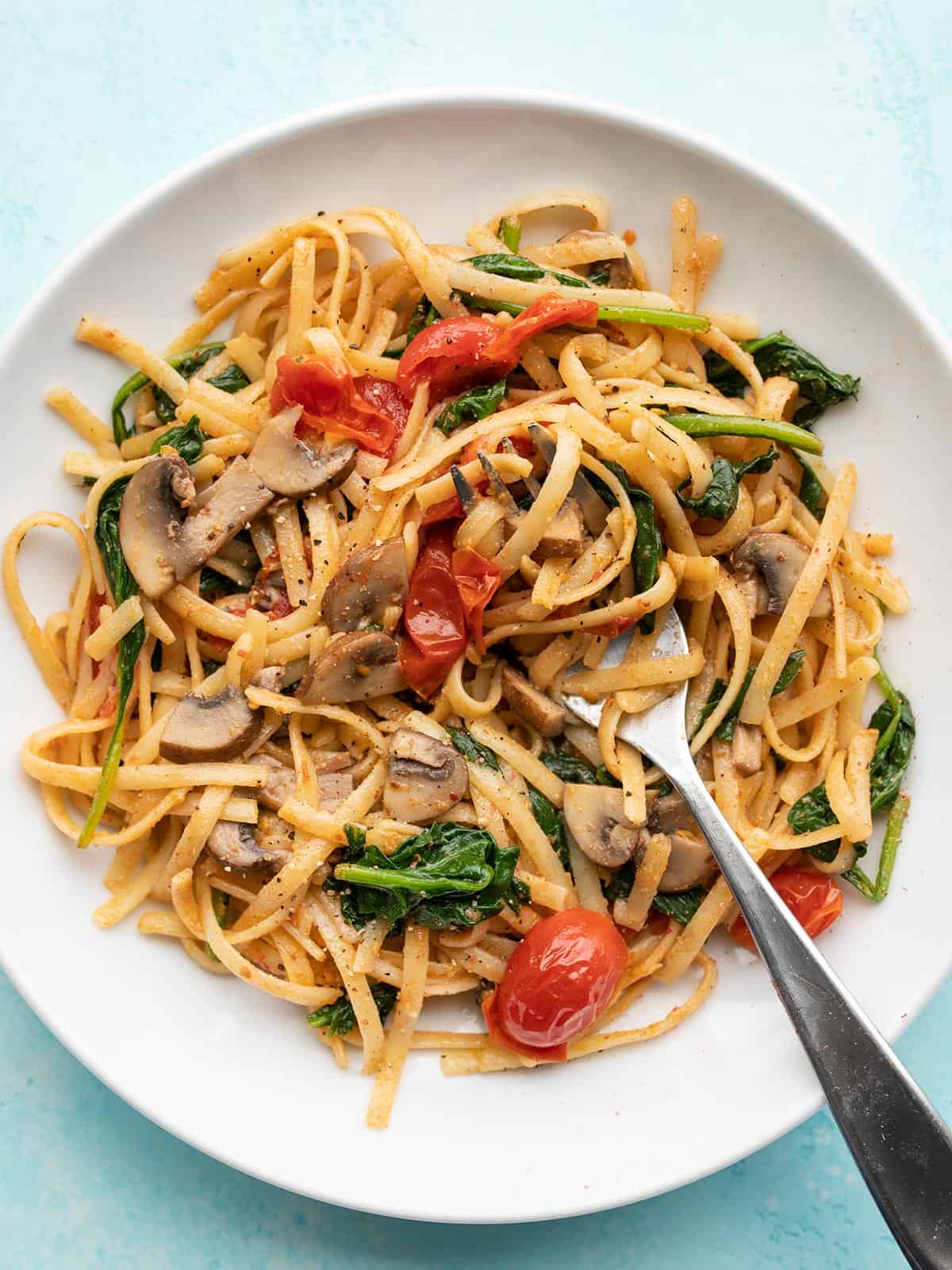 Overhead view of a plate full of quick veggie pasta