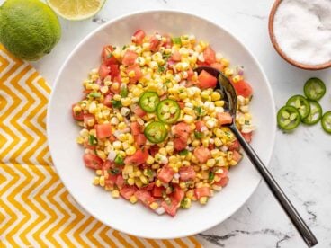 overhead view of a bowl full of corn salsa