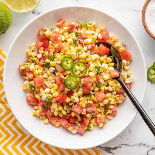 overhead view of a bowl full of corn salsa