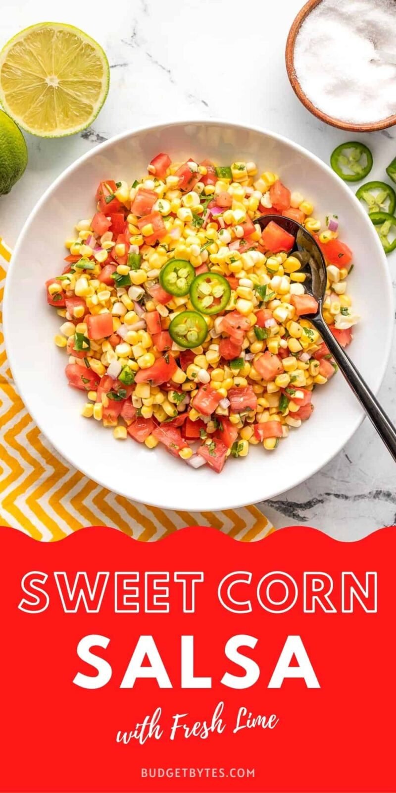 sweet corn salsa in a bowl with title text at the bottom