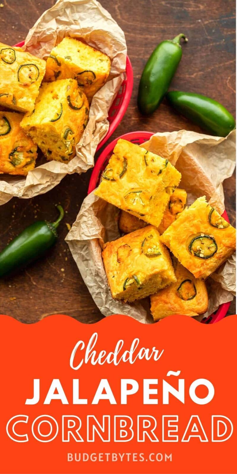 Two baskets full of jalapeño Cheddar Cornbread with title text at the bottom