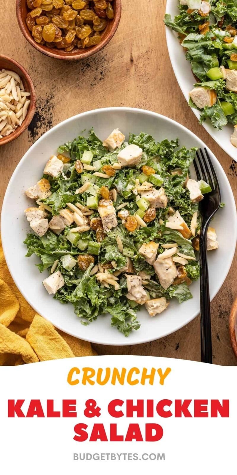 A bowl of dressed kale and chicken salad next to the serving dish