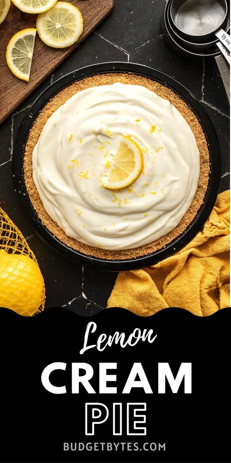 Overhead view of a lemon cream pie, title text at the bottom