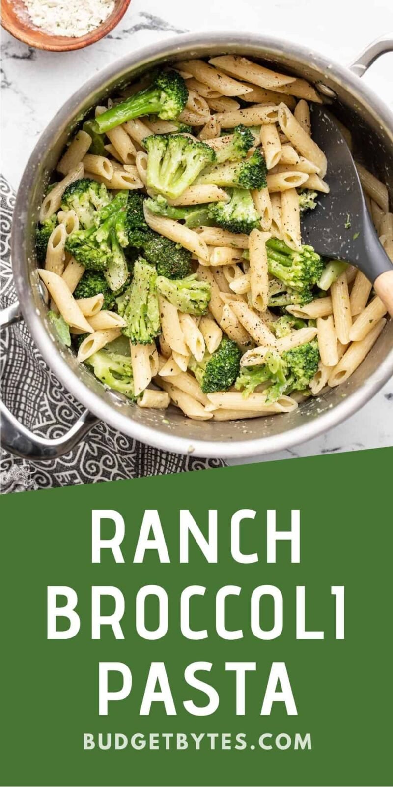 Ranch broccoli pasta in the pot, title text at the bottom