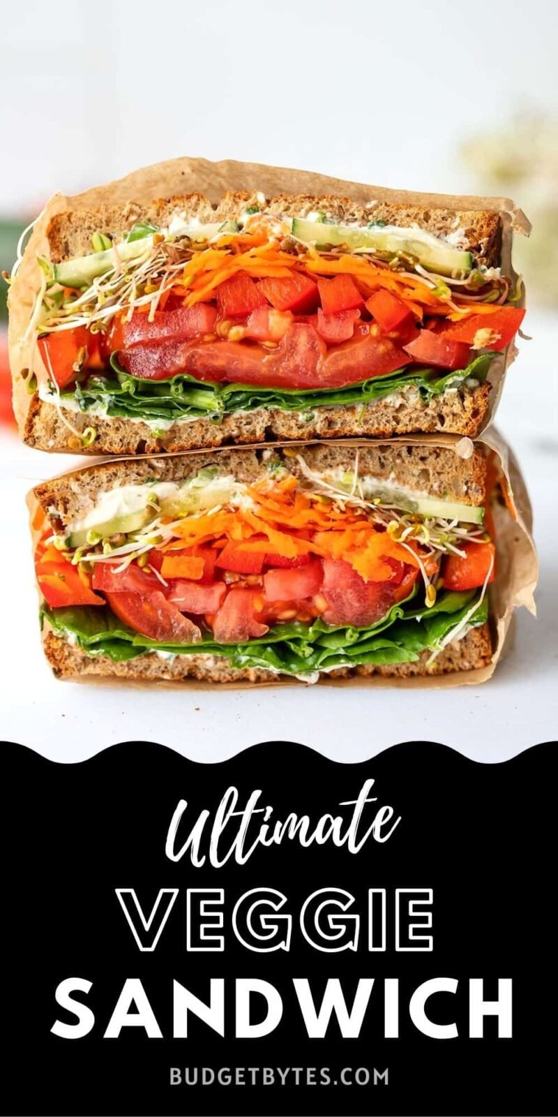 side view of a cut open veggie sandwich, stacked, title text at the bottom