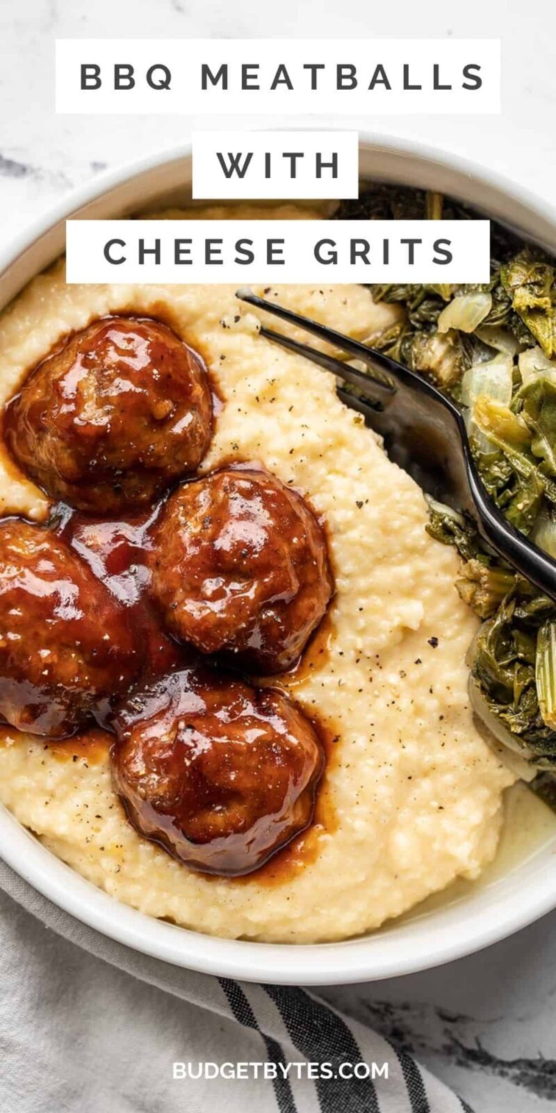 close up overhead view of a bowl of bbq meatballs with cheese grits, title text at the top