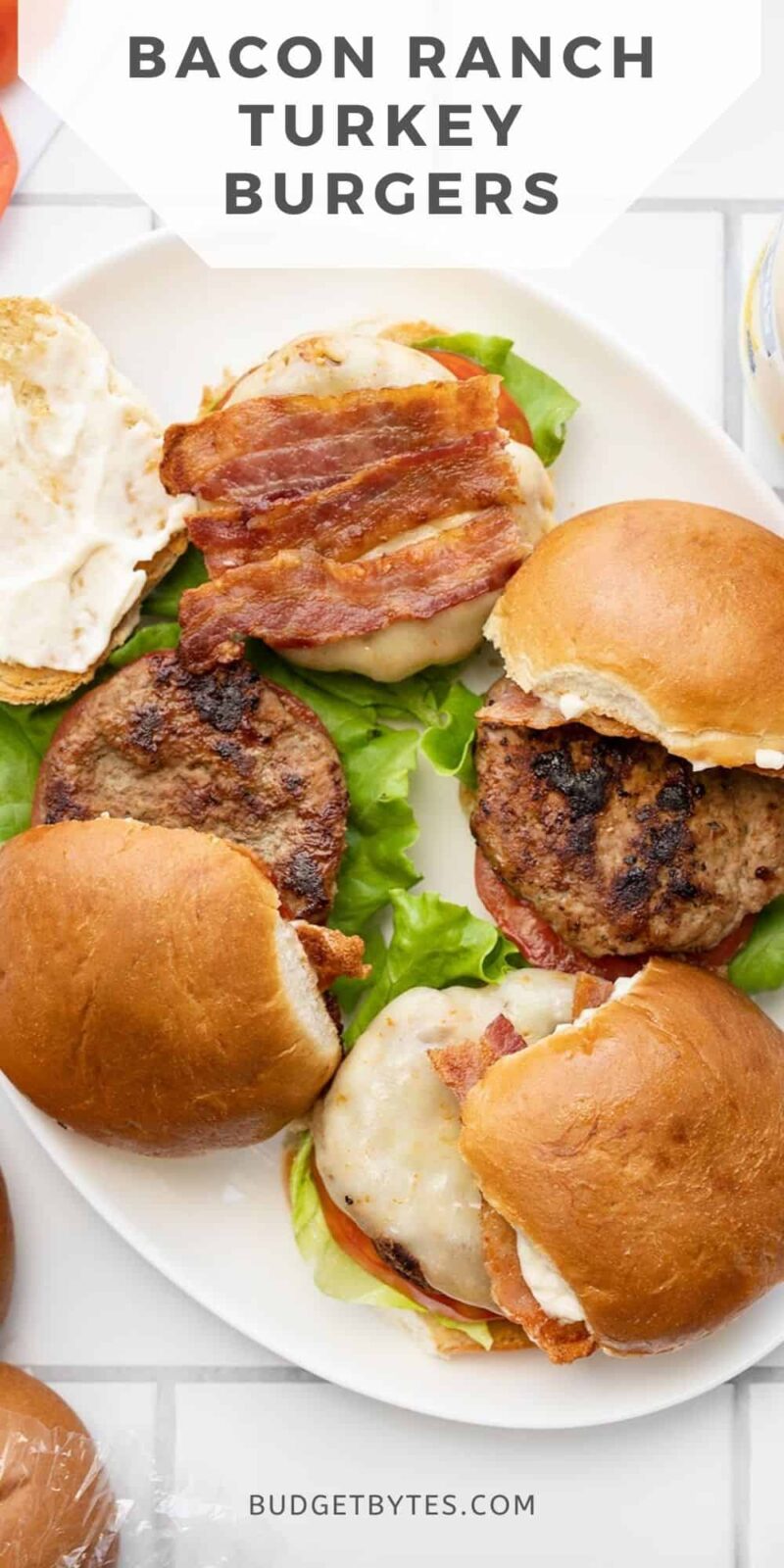 Bacon Ranch Turkey Burgers on a platter, title text at the top