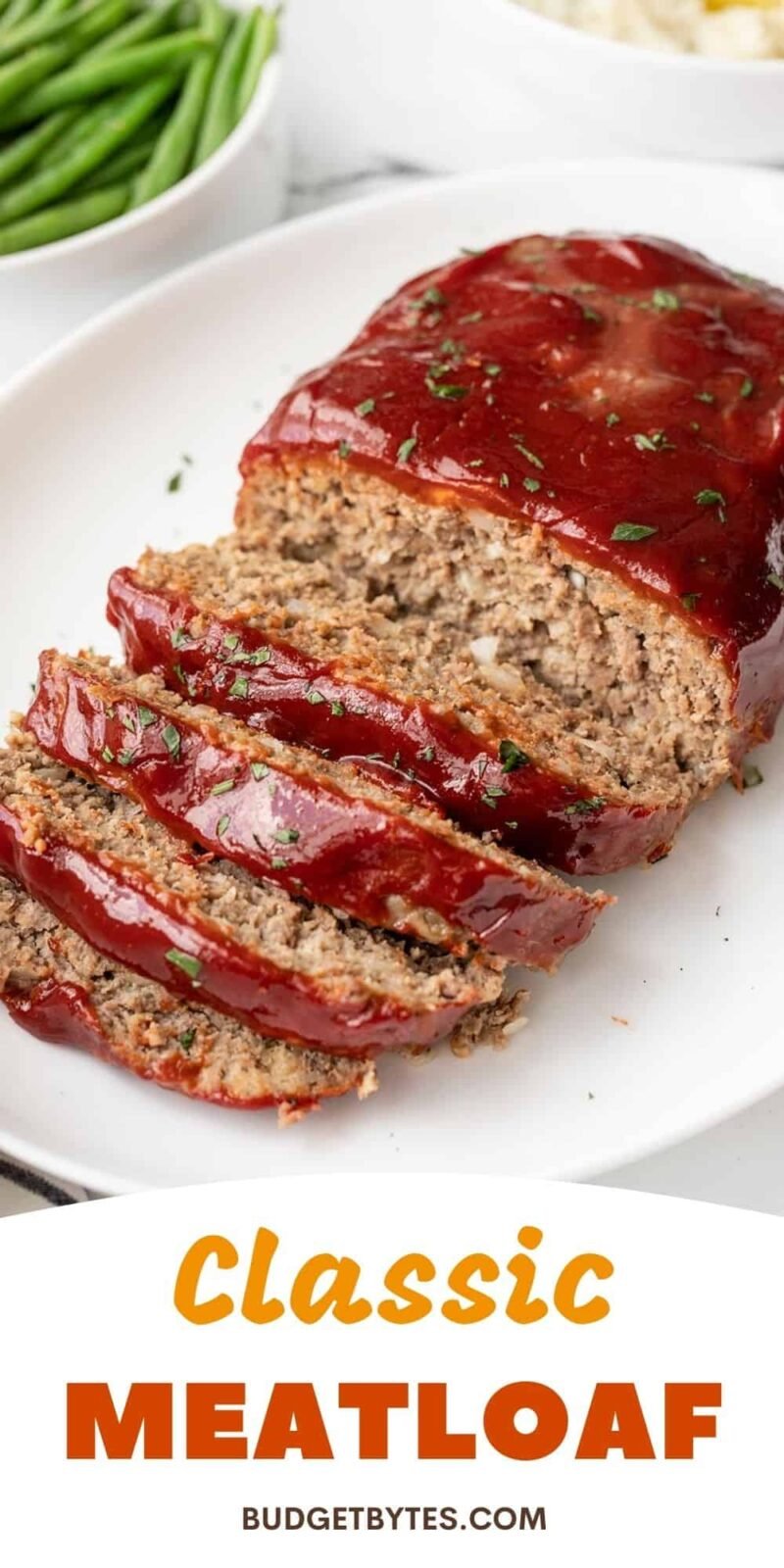 Side view of a sliced meatloaf, title text at the bottom