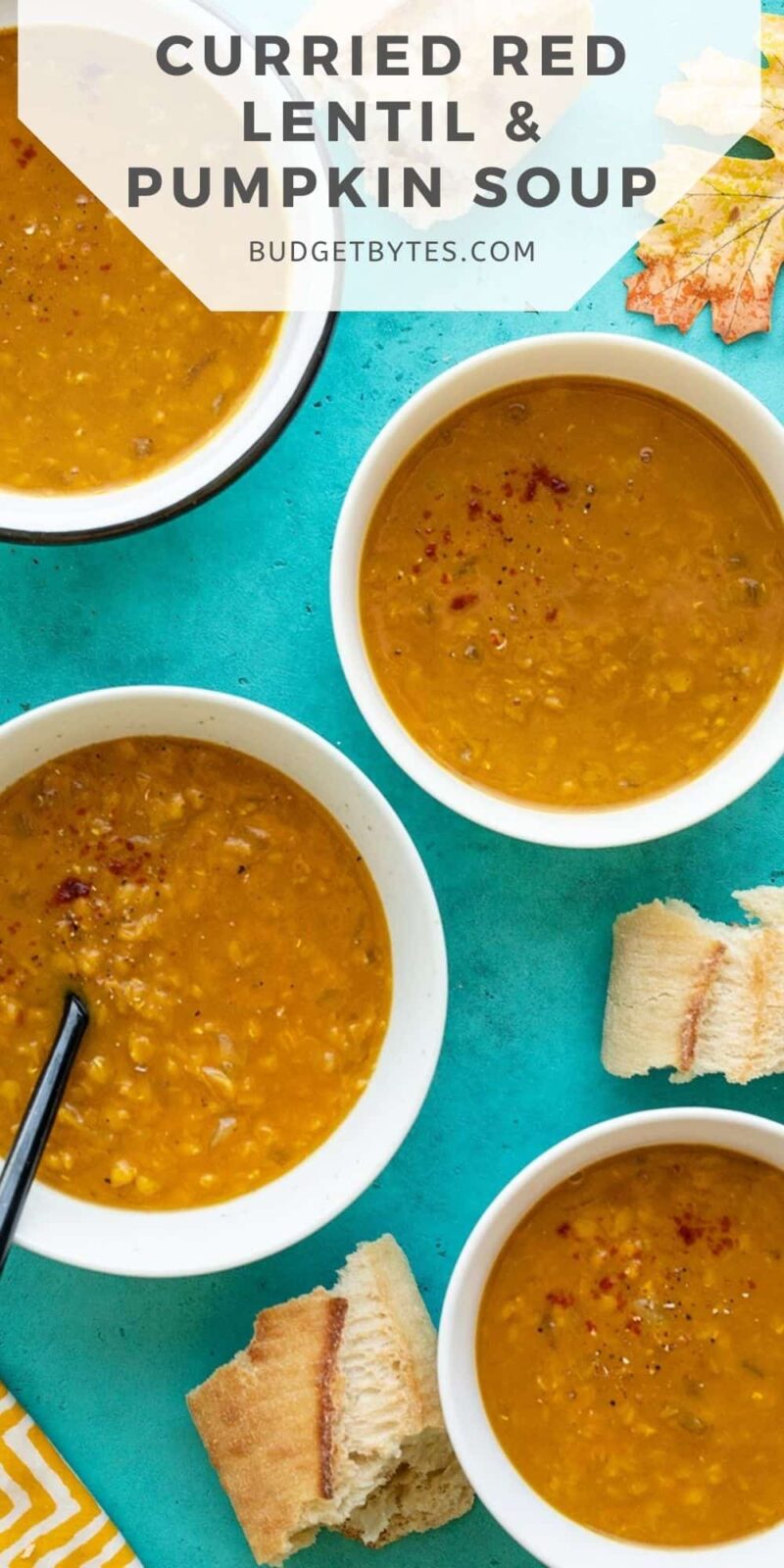 Four bowls of red lentil and pumpkin soup, title text at the top