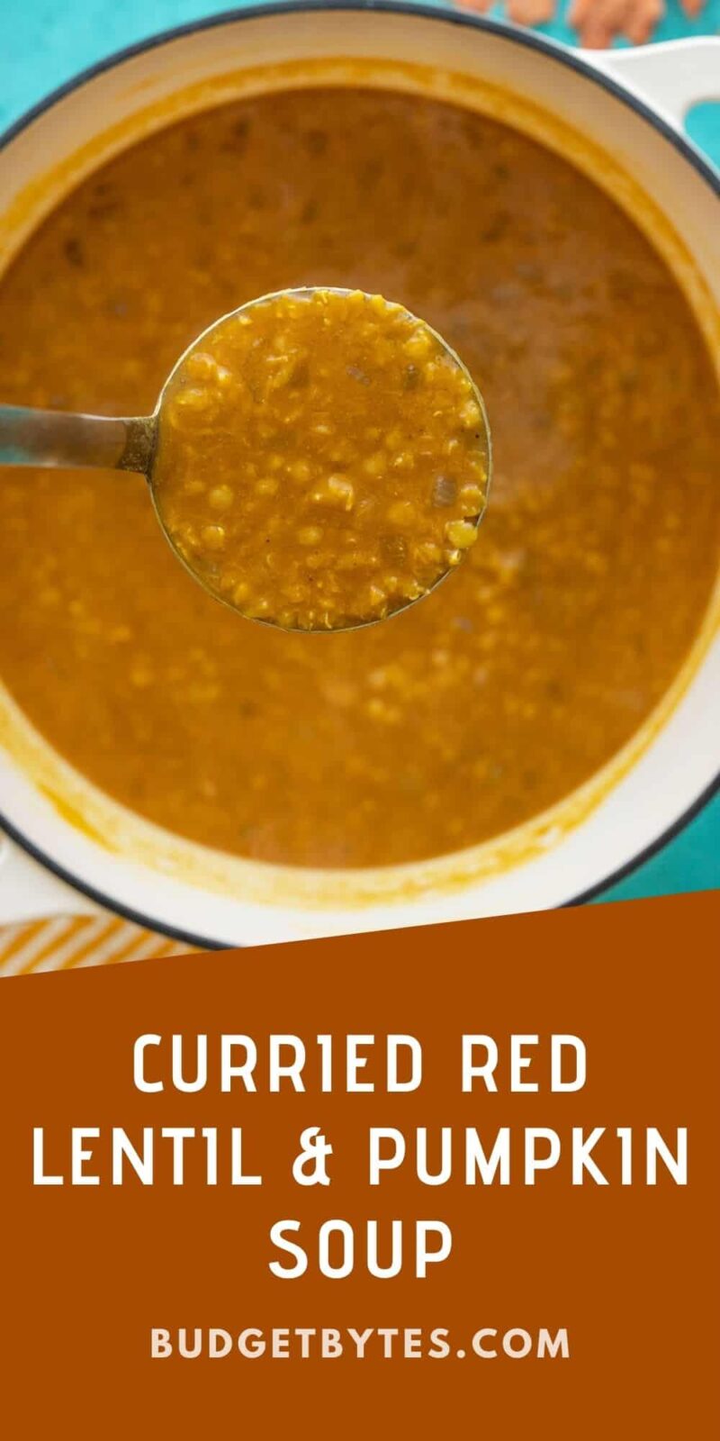 A ladle full of red lentil and pumpkin soup with the pot in the background